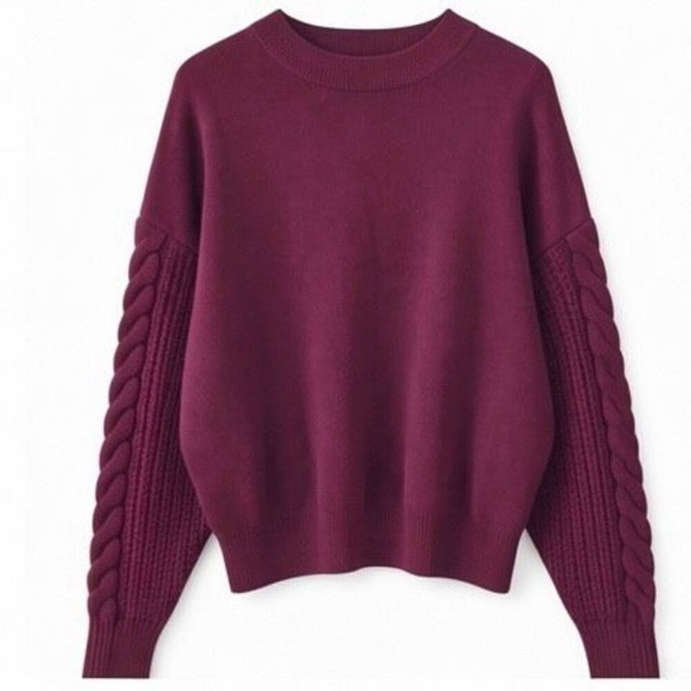 ZARA Knit Maroon Cable Sleeve Sweater Women’s Size Large Chunky Cozy Pullover